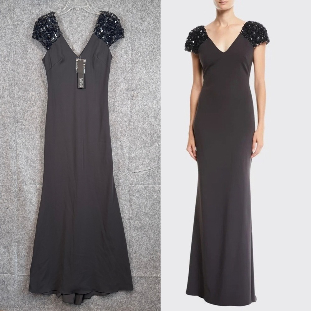 Badgley Mischka Womens Gown Sz 4 Grey Dark Romance Hollywood Glam Sequin Cap Slv